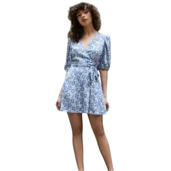 Reformation Blue Floral Wrap Mini Dress Puff Sleeve V-Neckline Tie Waist Sz M - Picture 1 of 9